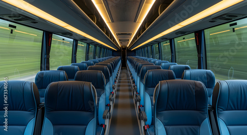 Bus Interior with Rows of Empty Blue Seats Lit Aisle and Glimpses of Outdoors