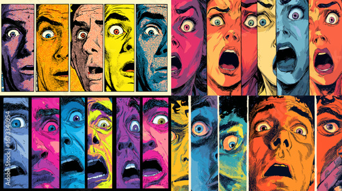 Retro pop art comic-style faces with fear and shocked expressions in bold colorful panels. Ideal for posters, magazines, storytelling, and contemporary graphic design.
