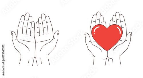 Hands cupped with and without a red heart