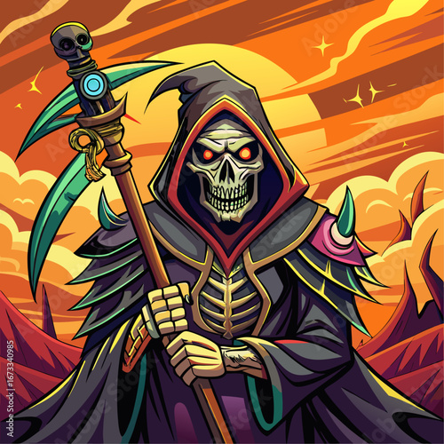 The grim reaper with a scythe stands menacingly against a dramatic sunset sky isolated on white background isolated on transparent background