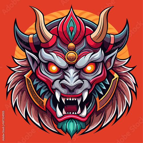 Intricate japanese oni mask with fierce expression and golden accents isolated on white background isolated on transparent background