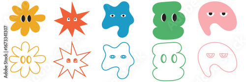 Cute abstract cartoon doodle characters with eyes. 
Collection of colorful abstract doodle shapes with cartoon eyes, playful expressions and outlines, perfect for kids . Hand drawn trendy style. 