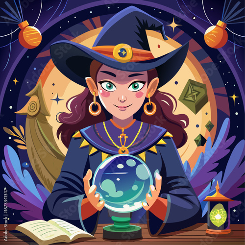 Mysterious witch gazing into a crystal ball under a starry night sky isolated on white background isolated on transparent background