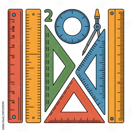 Collection of colorful rulers and triangles isolated on transparent background for education