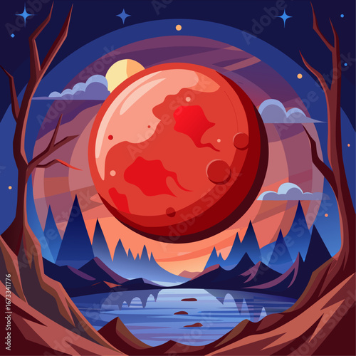 Vibrant red planet rising over a serene alien landscape with reflecting water isolated on white background isolated on transparent background