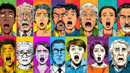 Pop art illustration of diverse people with shocked and surprised expressions in bold colors. Perfect for comic-style artwork, posters, and modern pop culture design.