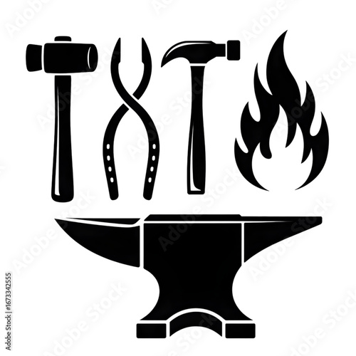 Blacksmith tools and anvil isolated on transparent background vector illustration