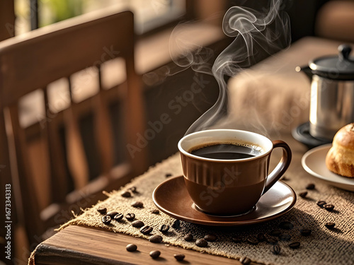 Hot Coffee Cup with Smoke on Wooden Table