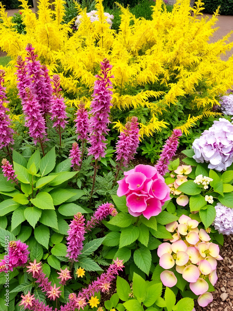 Obraz premium mixed border in summer garden with yellow spirea japonica, pink astilbe, hydrangea. Planting together shrubs and flowers