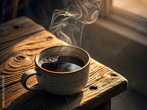Hot Coffee Cup with Smoke on Wooden Table