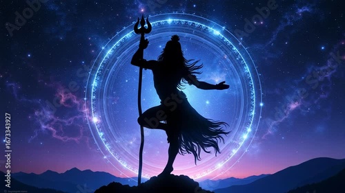 Dynamic silhouette of Lord Shiva in cosmic dance, representing creation, preservation, and destruction, embodying divine energy and spiritual enlightenment.