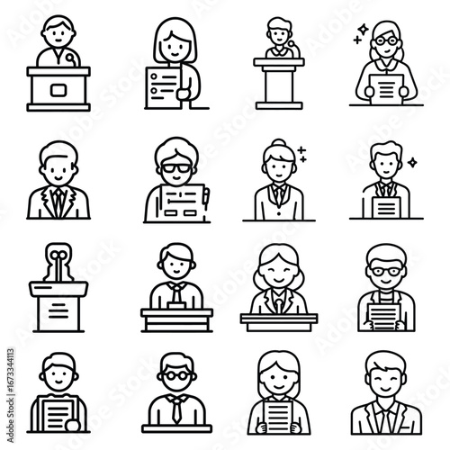 Illustration of sixteen people presenting at podiums or holding documents in a line art style design