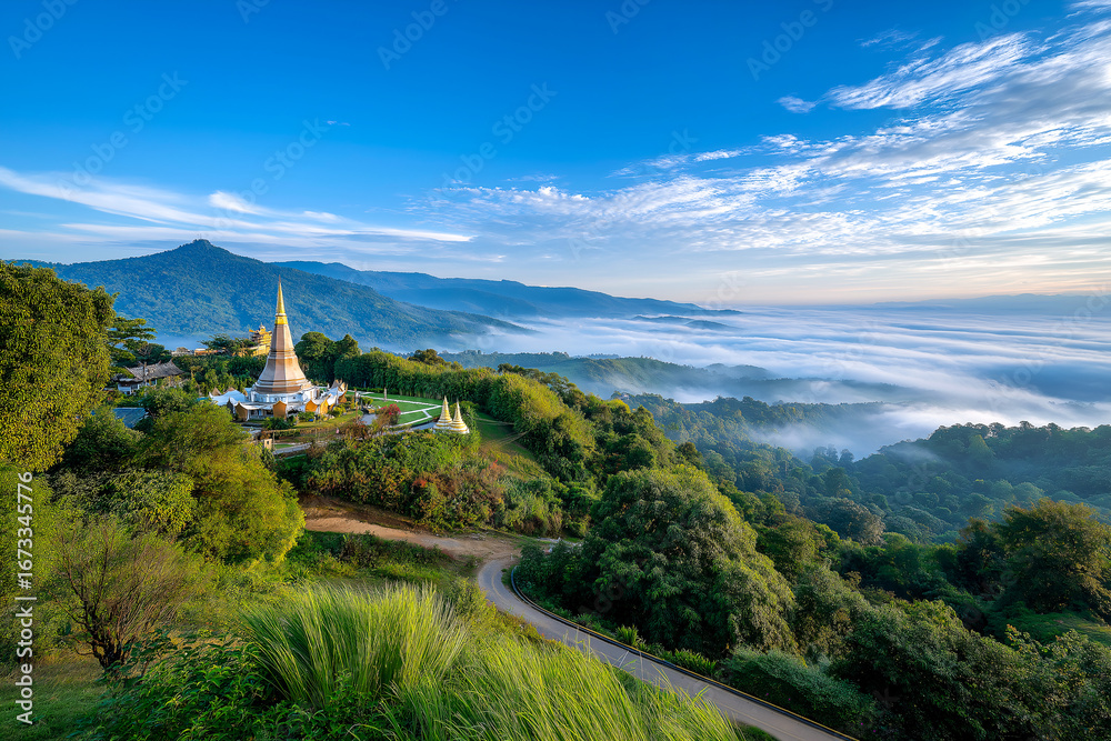 Obraz premium Mountain Top Temple Scene: Majestic temple nestled on a hilltop, bathed in the soft glow of dawn, offering a serene and spiritual panorama, blending architectural wonder with natural beauty.