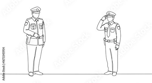Two police officers in uniform standing and saluting
