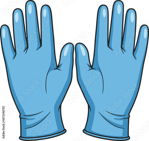 A pair of light blue nitrile gloves, depicted in pixel art style, displayed with palms facing upward. The design is simple yet effective, emphasizing cleanliness and protection.
