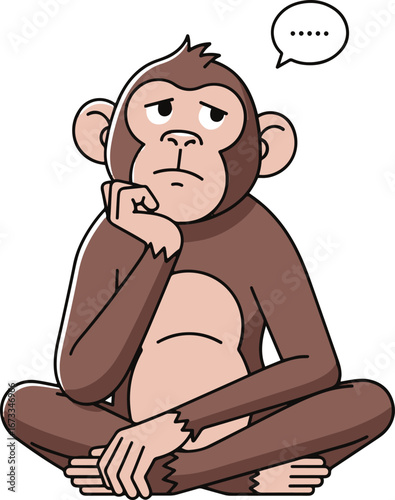 A pixel art illustration depicts a chimpanzee sitting cross-legged, hand to chin, in deep thought. A speech bubble above suggests internal contemplation.