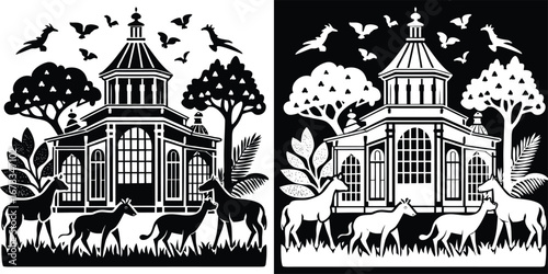 Elegant Victorian conservatory with graceful deer and birds flying overhead creates a serene, timeless park scene