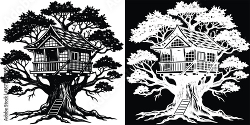 Whimsical treehouse nestled in a majestic ancient tree, offering a magical escape and enchanting childhood dreams.