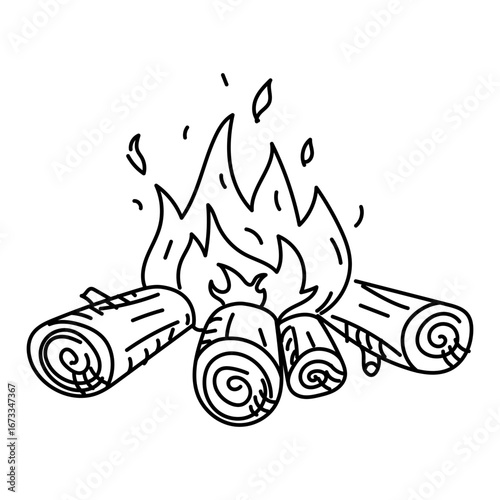 hand-drawn campfire doodle. Lighting up darkness, warming up, creating cozy atmosphere. Graphics, engraving, shading. Drawing in black ink, using marker, using liner designing. Picnics, hiking,camping