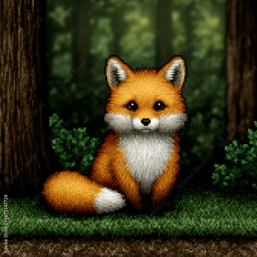 Fototapeta premium Pixel art fox in a lush, green forest setting.