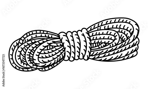 roll of rope, in the style of a doodle. A thick rope, wound by hand. Graphics, engraving, shading. Drawings in black ink, using a marker. Design of postcards and packaging. Picnics, hikes, camping