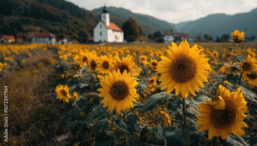 Sunny field of sunflowers, with a church in the background