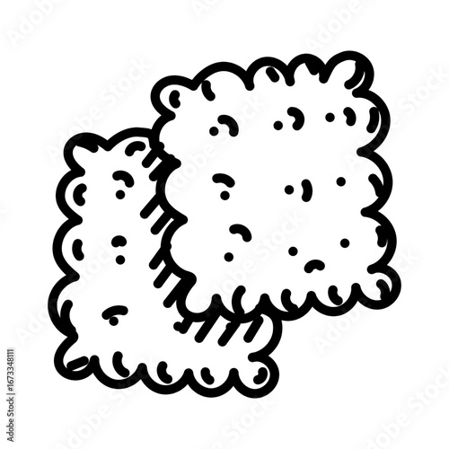 Doodle cookie group, hand-drawn. Graphics, engraving, shading. Drawing in black ink, marker, liner for designing postcards, packaging. Picnic, tourism, camping. Outdoor food, shortbread cookies