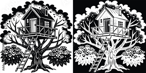 Charming wooden treehouse nestled amongst lush foliage accessed by a sturdy ladder evoking childhood wonder and adventure.