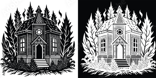 Mysterious old wooden church nestled amongst dramatic foliage and tall pine trees, evoking a sense of gothic allure.