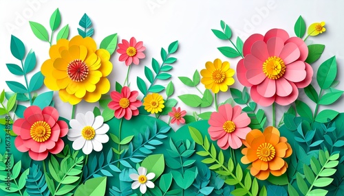 A vector illustration of a seamless pattern of colorful spring flowers, including daisies, blossoms, and leaves, on a vibrant floral design