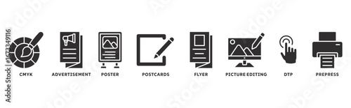 Print icon set illustration concept with icon of flyer, advertisement, poster, postcards, CMYK, picture editing, DTP,  prepress