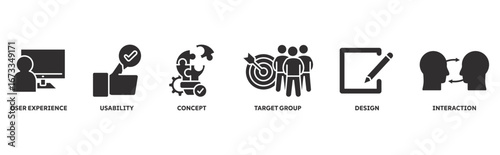 User interface design icon set illustration concept with icon of user experience, usability, concept, target group, design, interaction