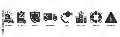 Emergency icon set illustration concept with icon of urgency, medical, safety, ambulance, sos, hospital, rescue, warning
