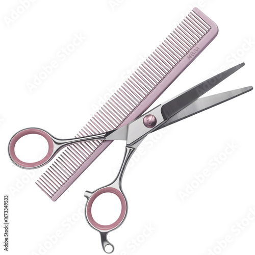 Hair cutting scissor and comb isolated on transparent background for salon and barber shop