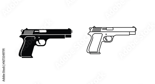 Two handguns side by side in black and white illustration
