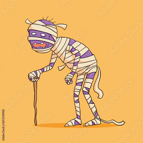 funny halloween mummy with wood stick vector illustration. halloween cartoon character
