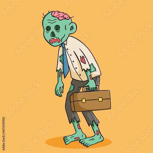 funny zombie go to work vector illustration. halloween cartoon character zombie