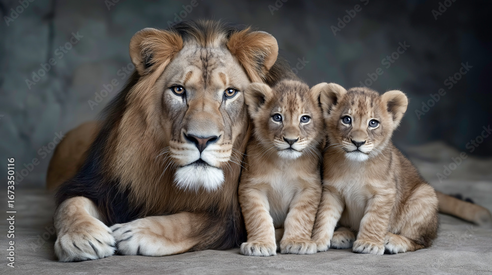 Fototapeta premium The Lion Family's Warm Embrace: Witness the tender family bond of a majestic male lion and his two adorable cubs.