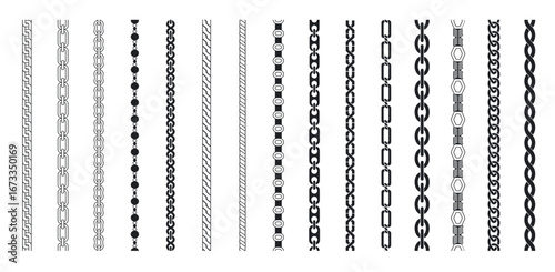Chain vector set. Chain brushes seamless pattern. Chains thread, jewelry black silhouette. Technical structure, machine or cable elements decent. Vector illustration.