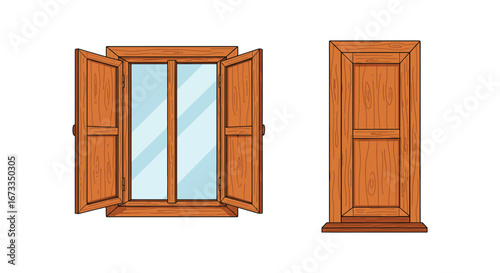 Brown wooden window with open shutters and closed view