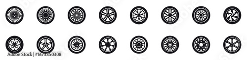 Tire icons on a transparent background race logos with pictures different cars wheels. Set of tire icons Wheels and tires. Vector illustration.
