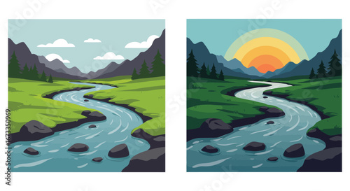 serene landscape with mountains river and trees in daytime and sunset