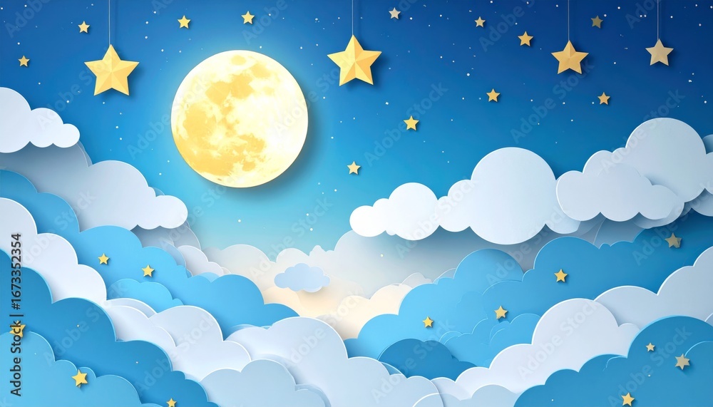 Fototapeta premium Dreamy winter night sky vector illustration with moon, stars, and clouds