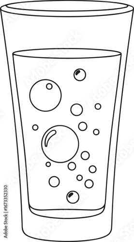 Glass of sparkling water with bubbles line art illustration