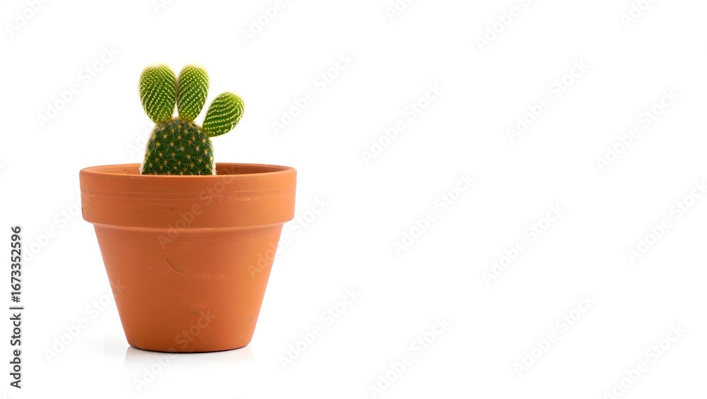 Small bunny ear cactus in a terracotta pot on a white background Small bunny ear cactus in a terracotta pot on a white background
