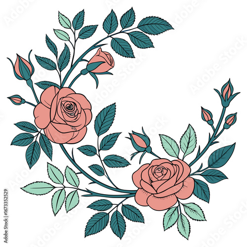 Elegant pink rose garland with teal leaves and buds