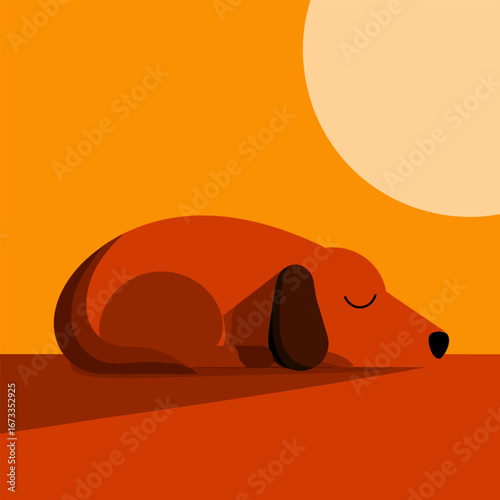 Cute orange dog with big ears lying under the sun – vector illustration