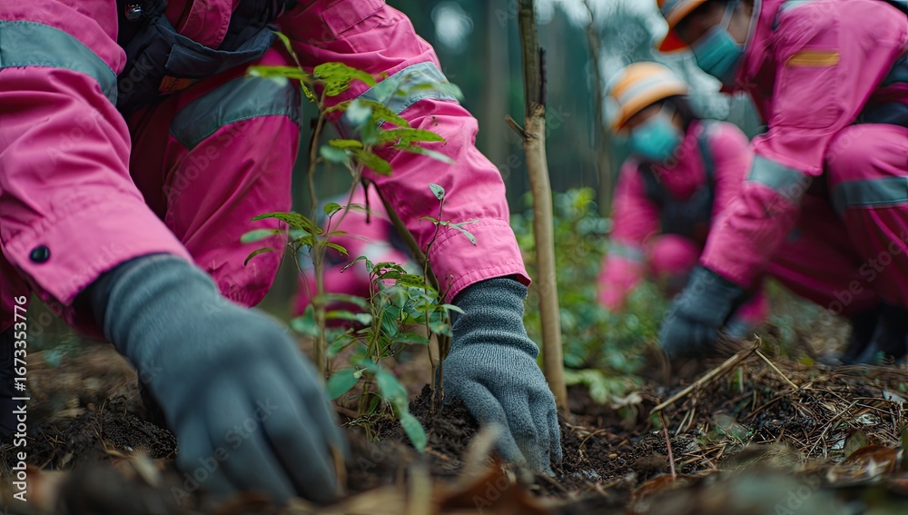 Naklejka premium People in pink uniforms planting trees in forest