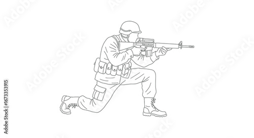 Soldier in tactical gear kneeling and aiming a rifle to the right side