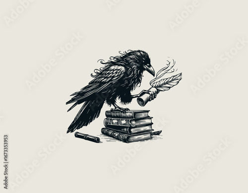 Intelligent and creative raven logo perched on an open book, symbolizing wisdom and knowledge. Education concept